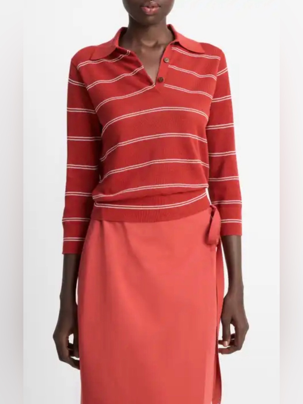 Vince Striped Piqué Italian Cotton Knit Polo in Brick Red & White
